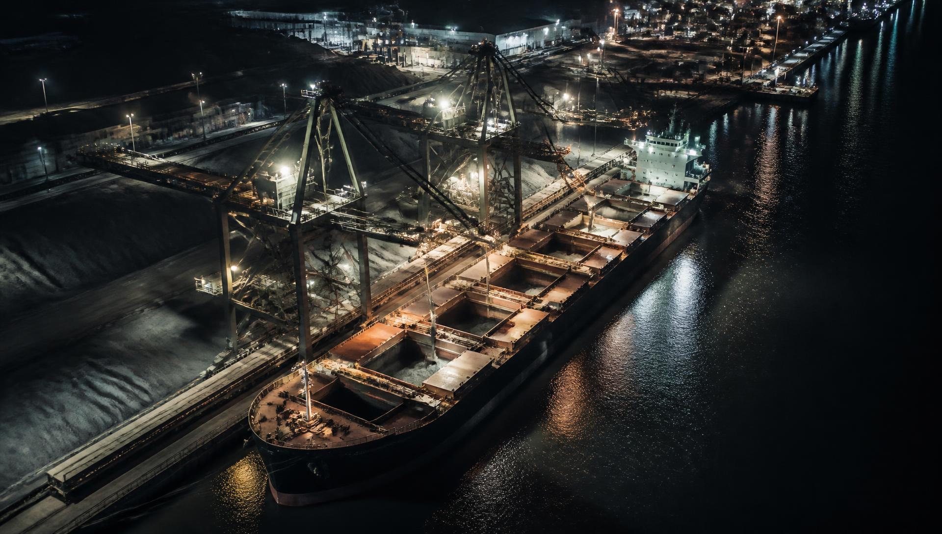 Granelero cargando en un puerto industrial de noche